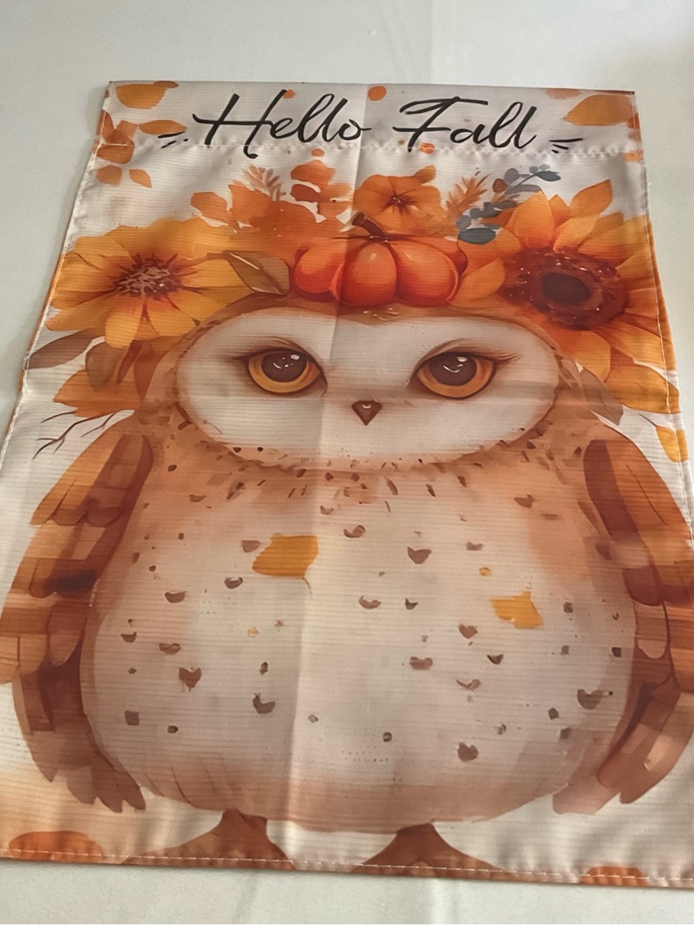 Hello Fall Owl Garden Flag - Orange & Cream Autumn Design